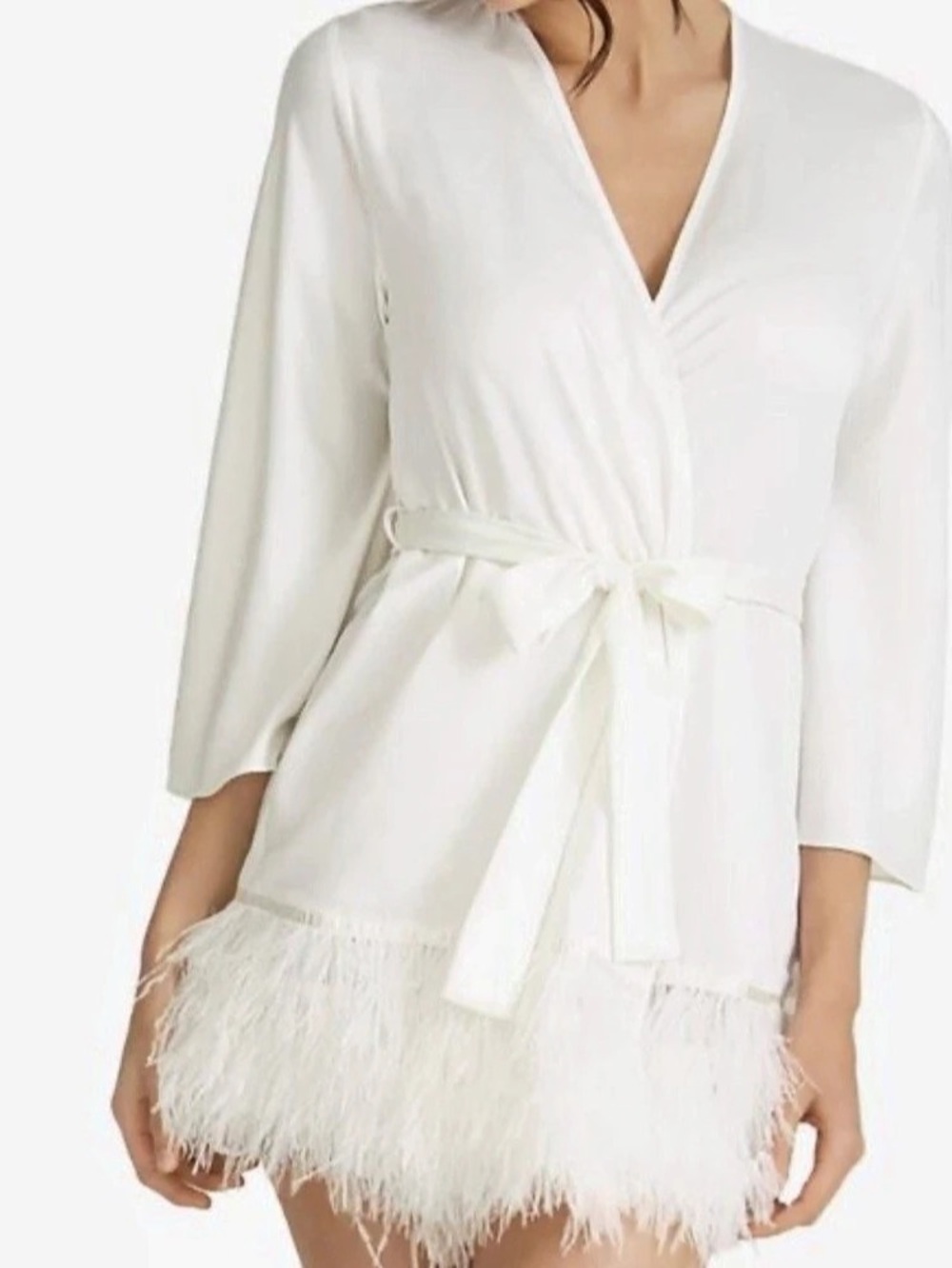 Rya Collection Swan Charmeuse Ostrich Feather Trim Hem 3/4 Sleeve Robe